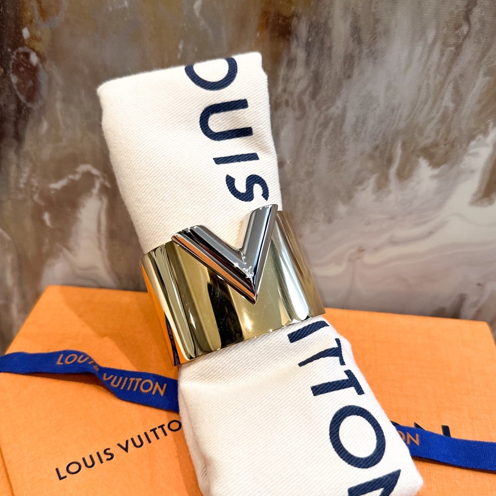 Louis Vuitton Two Tone Thick Gold Essential V Cuff Bracelet - Picture 2 of 7